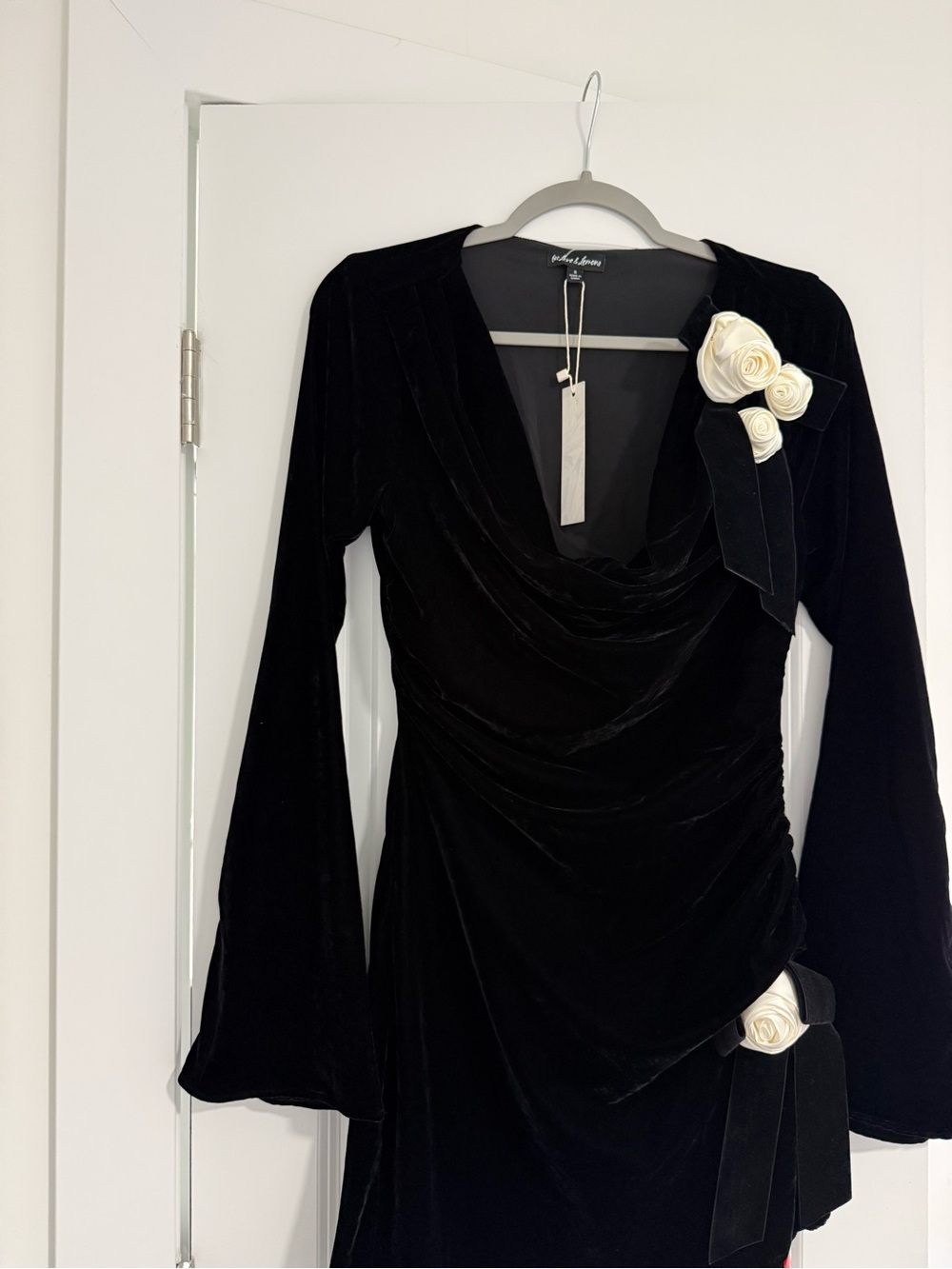 For Love & Lemons Velvet Long-Sleeve Draped Dress with Cream Floral Accents